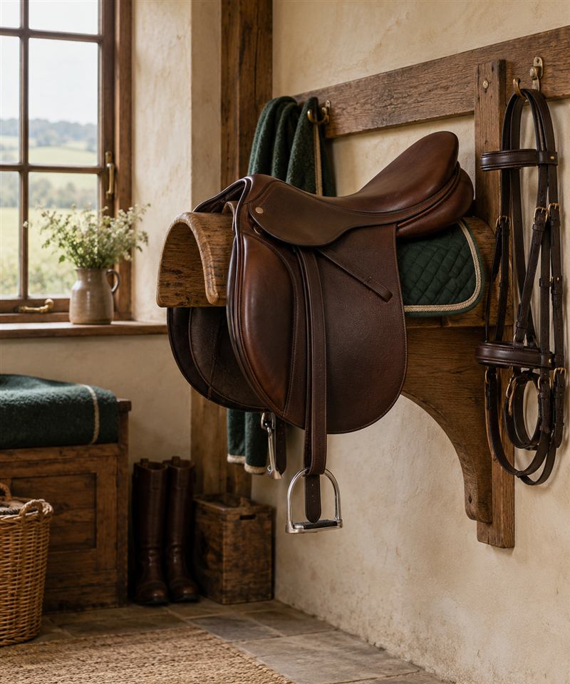 Brown English saddle resting on a broad wooden rack in a tidy tack room