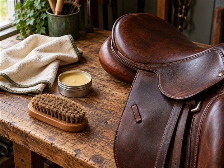 Leather saddle, cloth, brush and unbranded conditioner on a wooden workbench
