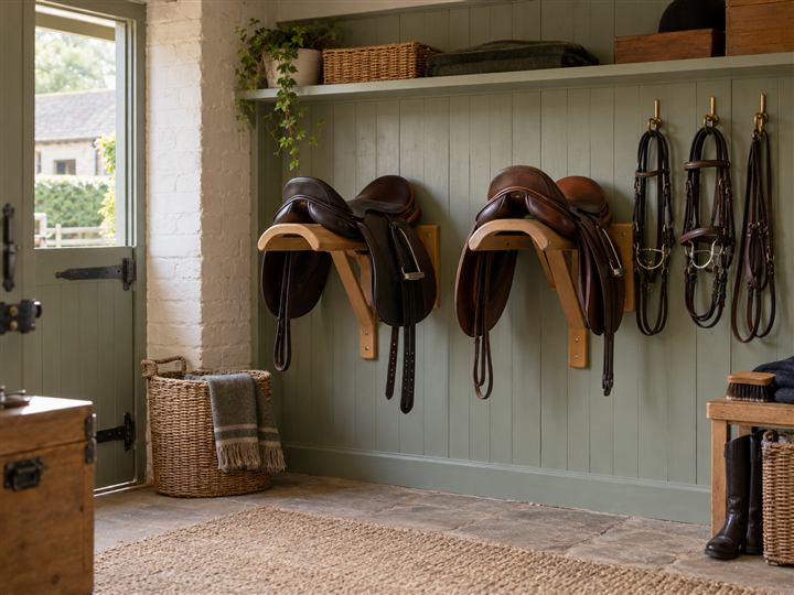 Two English saddles stored on broad wall racks in an organised tack room